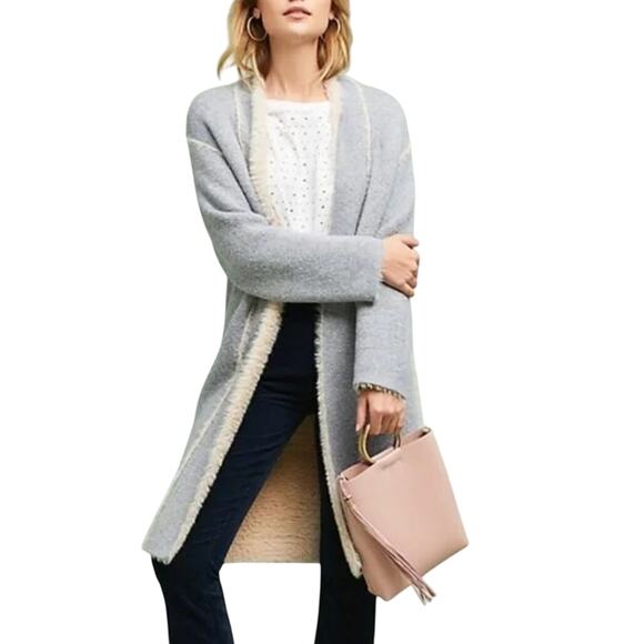 Anthropologie Moth Sarah Long Line Cardigan Coat Sweater Grey Cream Size Med/Lg - Picture 1 of 13